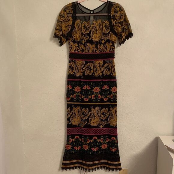 Anthropologie Jacguin Embroidered Elegant Black Gold Lace Midi Dress Size 2 - Picture 1 of 13